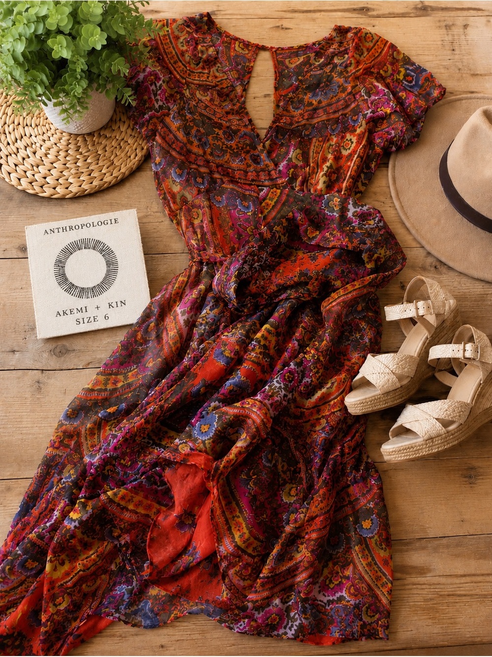 🌺✨ Anthropologie Akemi + Kin Paisley Boho Maxi Dress Size 6 Cottagecore